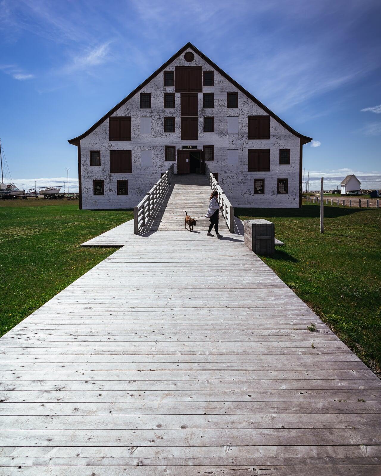 The LeBoutillier Warehouse in Paspebiac historic fishing village in Gaspesie, Canada